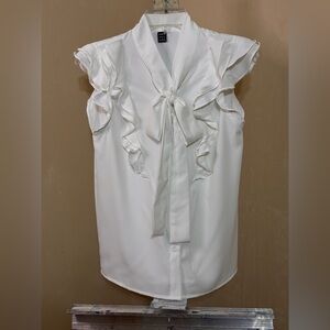 SHEIN Elegant White Ruffled Blouse Neck Tie Sz Small